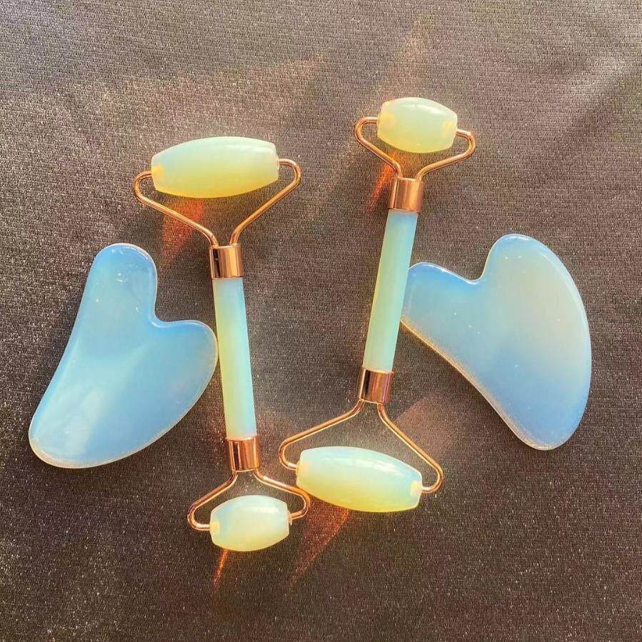 蛋白石玉石滚轮刮痧板套装 玉石滚轮推脸器玉石滚轮套装礼物