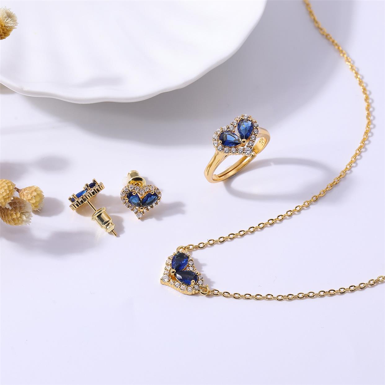 项链耳钉戒指首饰套装 新娘镀18K金爱心锆石项链饰品套装