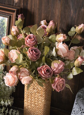 工艺品三头玫瑰花仿真花假花绿植物婚庆装饰MW66008定制