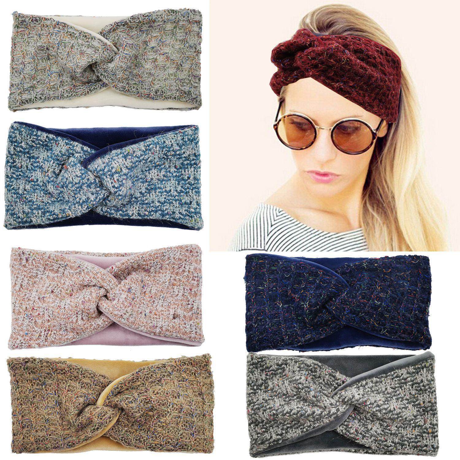 欧美秋冬新款毛线针织交叉发带女士简约宽边双层拼接头带发饰头巾