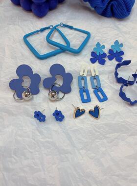 秋冬克莱因蓝色几何耳钉不规则c型耳环蓝色花朵925银针百搭耳饰女