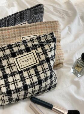 11096 毛呢格纹撞色大容量化妆包女时尚手拿包帆布整理收纳袋