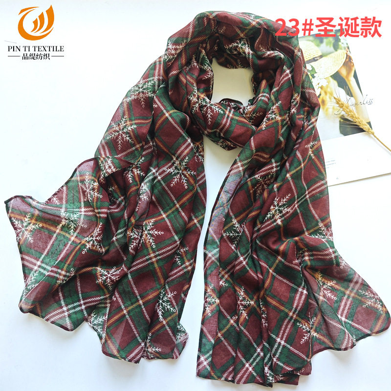 2026新款热销围巾棕绿雪花圣诞围巾格子印花巴厘纱长款丝巾