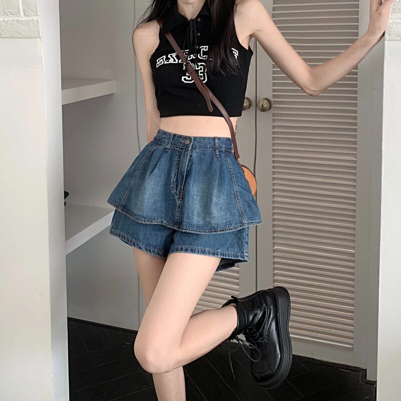 美式复古高腰牛仔半身裙女夏季辣妹a字短裙裤显蛋糕裙大裙摆