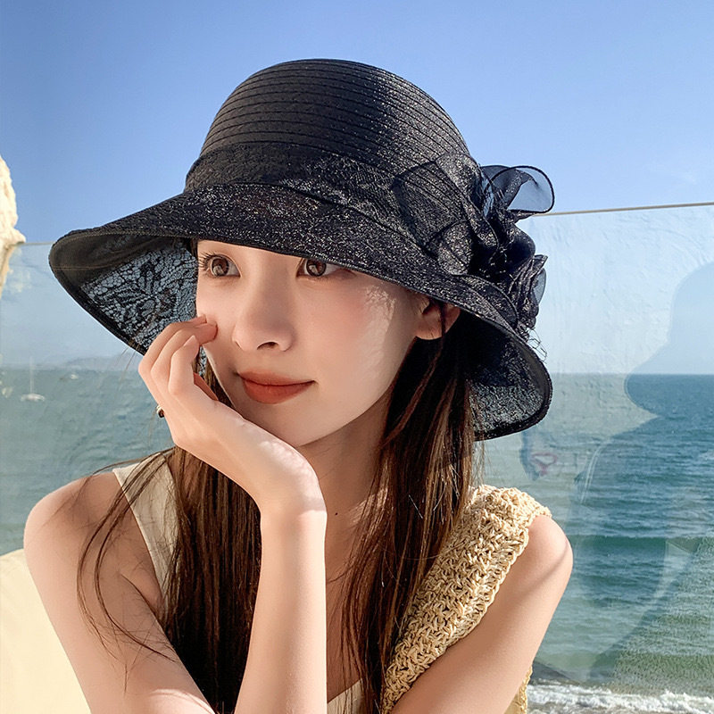 夏季新款女士优雅欧根纱花朵盆帽户外出游遮阳防晒清凉渔夫帽定制