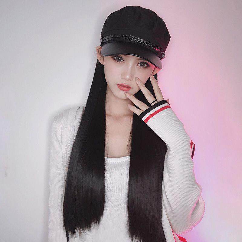 假发女长发网红海军帽子假发一体女时尚黑长直秋四季自然全头礼物