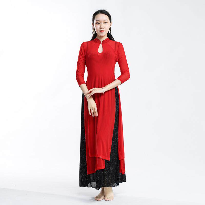 长款旗袍古典舞服广场舞练功服高领纱衣舞蹈服瑜伽身韵盘扣演出服