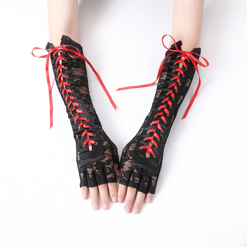 夏季透气长款绑带蕾丝婚纱手套结婚手臂晚会宴会礼服小梅花袖套