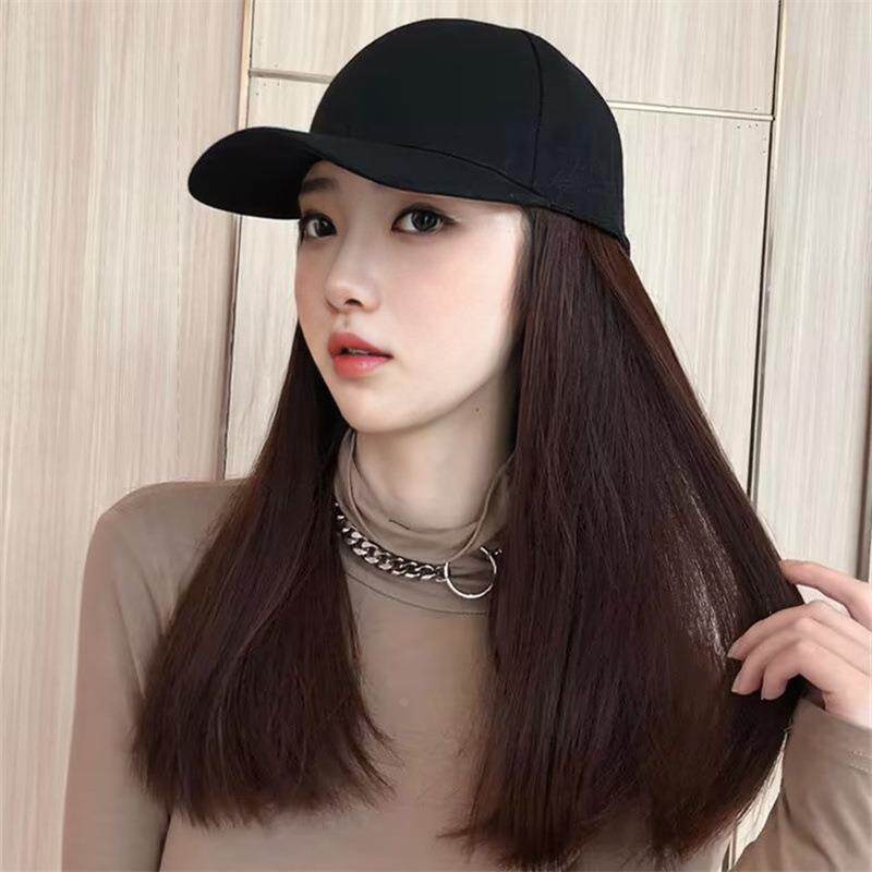 新品假发女化纤机制中长直发遮阳鸭舌帽子一体式长发整顶头套礼物