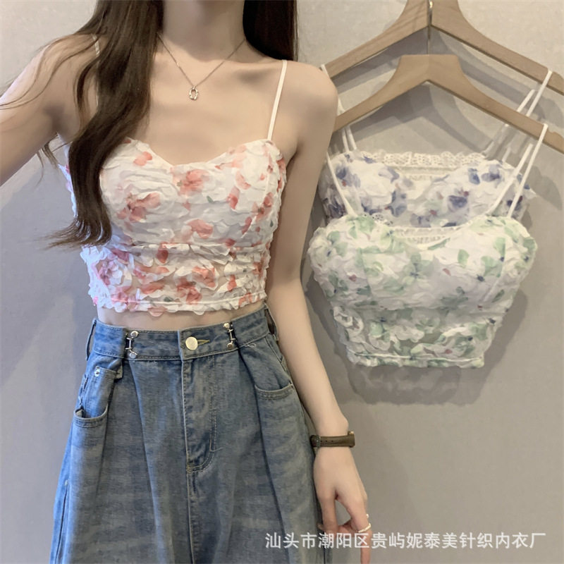 爆款田园风玫瑰碎花小吊带美背背心带胸垫裹胸防走光打底短款抹胸