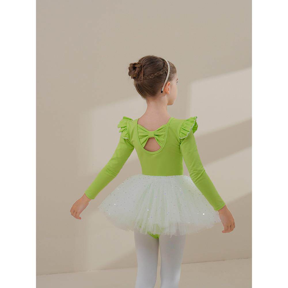 儿童舞蹈服秋季长袖女童练功服棉果绿中国舞练舞衣幼儿芭蕾舞裙