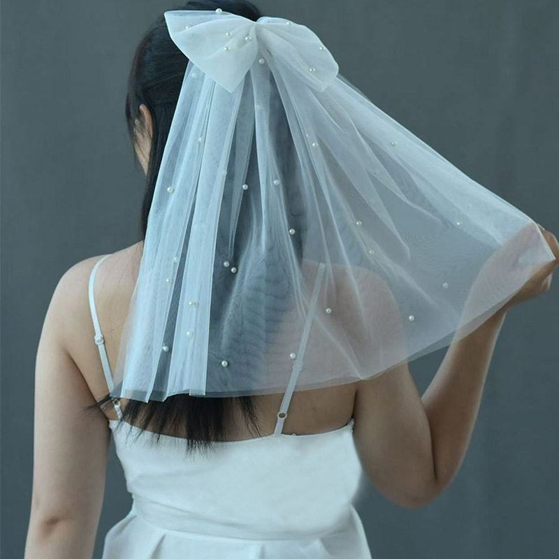 网红蝴蝶结头纱成人儿童款婚纱结婚婚礼领证双层短款白色头纱定制