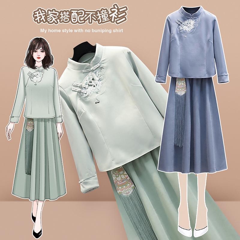 秋季唐装纤丝绒绣花汉服女套装民族风长袖秋冬禅意茶服采耳师服装