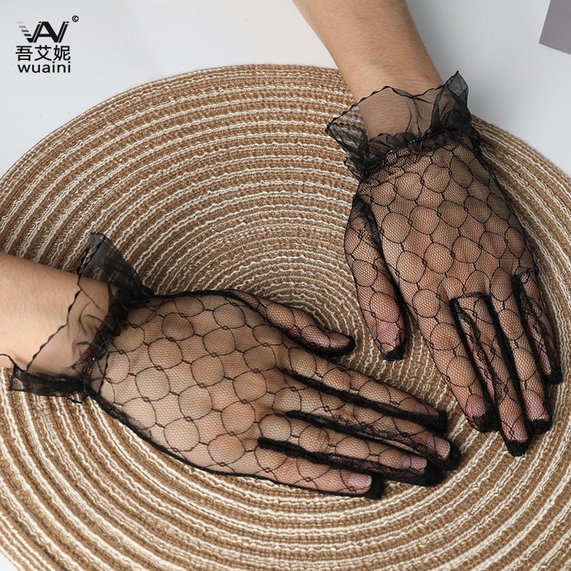 短纱手套黑色复古欧美新娘结婚简约蕾丝短款透明五指网纱手套