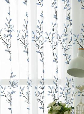 定制 美式乡村色加厚成品窗帘客厅落地窗蓝色绣花飘窗纱帘*EO