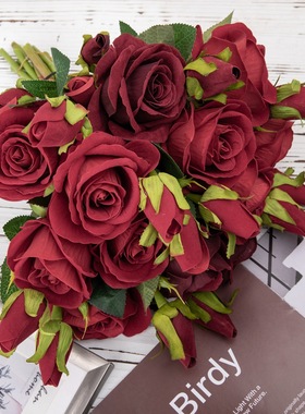 婚庆绒布玫瑰花仿真花植物盆景装饰品INS风仿真植物墙花墙MW03334