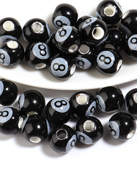 20颗/包 陶瓷多尺寸印花台球黑色数字8圆珠 diy项链手串配件