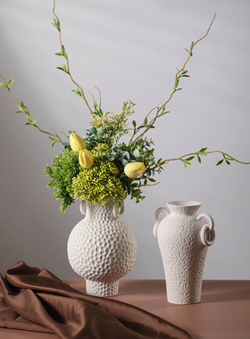 中式复古侘寂风陶瓷白色花瓶水培干花器简约酒店插花摆件创意软装