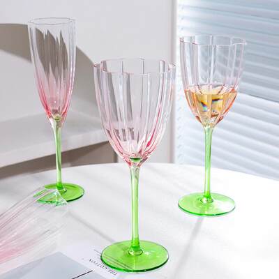 中古红酒杯复古创意渐变色花朵高脚杯水晶玻璃家用葡萄酒杯香槟杯
