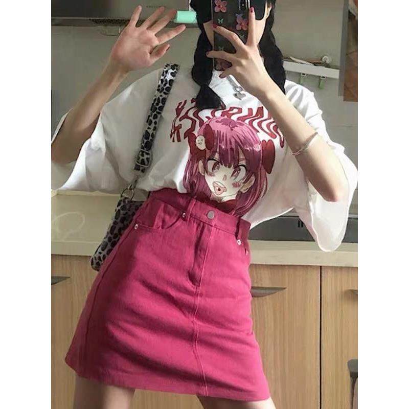 牛仔短裙女高腰夏季新款a字裙子玫红色辣妹设计感小众包臀半身裙