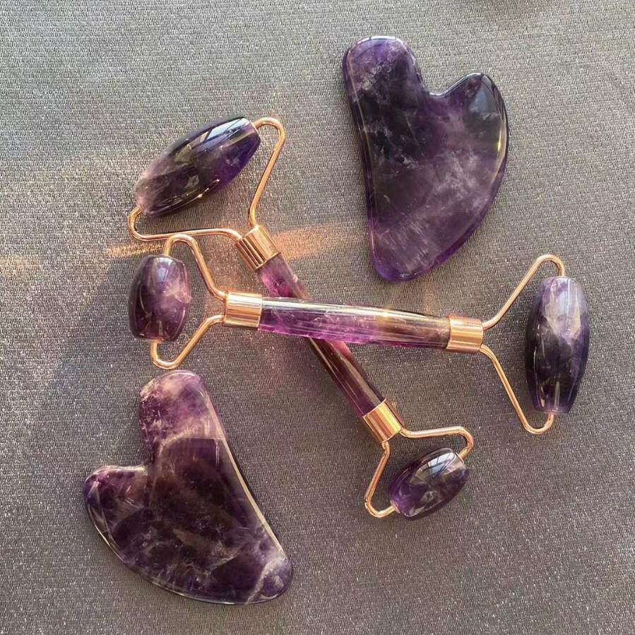 紫玉石滚轮刮痧板套装 紫晶刮痧板面部刮痧拔筋棒礼物