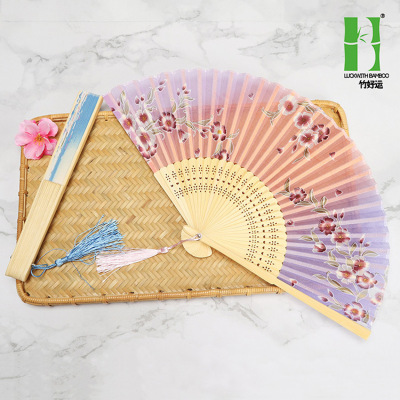 丝绸折扇竹质工艺礼品扇日式折扇古风中国风长柄绢扇竹制品定制