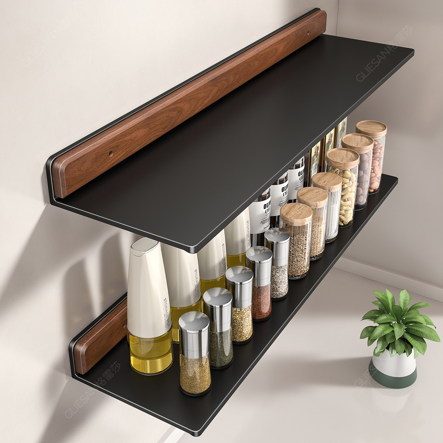 胡桃木一字板厨房置物架免打孔壁挂调味料架墙上搁板浴室收纳隔板
