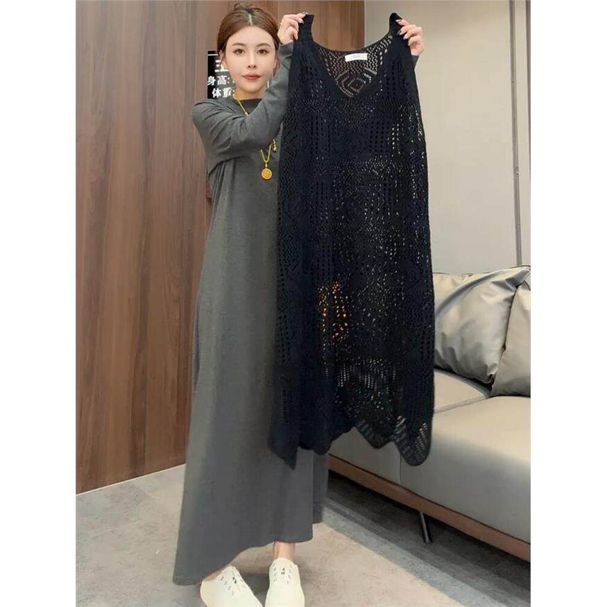 春秋款纯色镂空针织吊带连衣裙女宽松叠穿背心裙V领无袖罩衫裙子