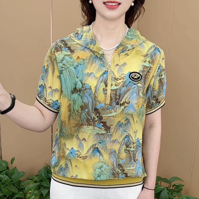 妈妈装连帽半拉链薄款印花短袖