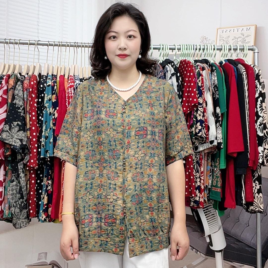 中老年妈妈装V领印花短袖女