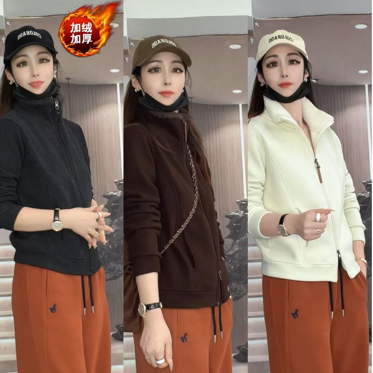 加绒加厚立领拉链开衫女宽松显瘦长袖卫衣通勤简约纯色百搭上衣