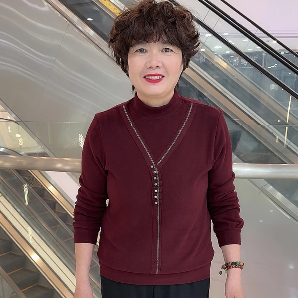 中老年妈妈装半高领洋气拼接打底