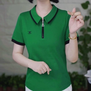 时尚 宽松休闲正肩百搭显瘦上衣 刺绣撞色翻领短袖 T恤女2025夏新品