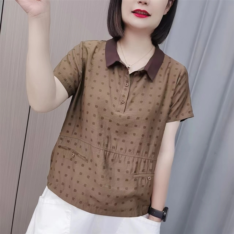 POLO领圆点短袖t恤夏季新款女装宽松遮肚显瘦休闲高档妈妈装上衣