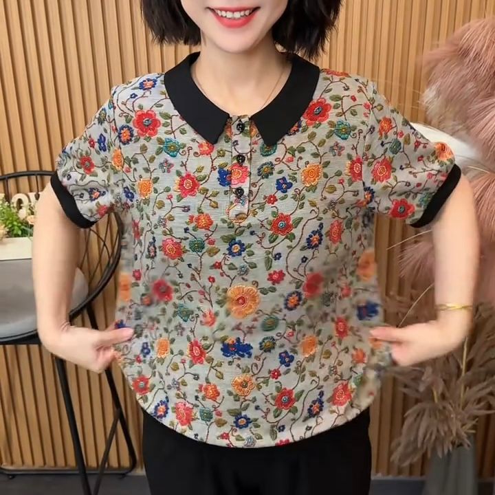 夏季减龄印花麻料翻领上衣2025新款透气休闲宽松显瘦氧气女装短袖