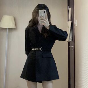 套装 春早秋新品 外套短裤 显瘦西服女腰带款 裙 黑色收腰西装 西装