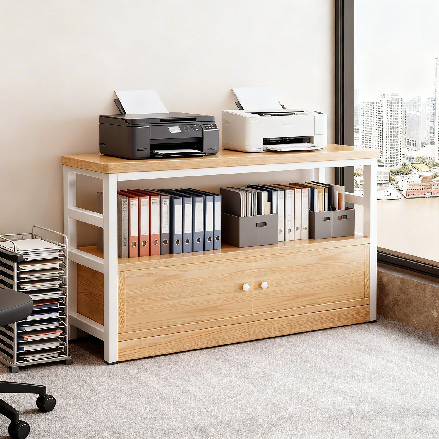 打印机置物架办公室收纳架落地一体靠墙工位旁储物柜多层钢木矮柜