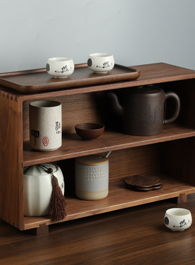 日式餐边柜实木厨房柜子桌面茶具杯子收纳柜中古杯黑胡桃木置物架