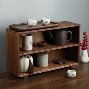 日式餐边柜实木厨房柜子桌面茶具杯子收纳柜中古杯黑胡桃木置物架