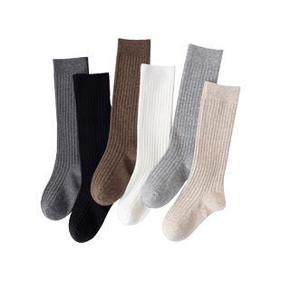 儿童长筒袜子春秋季韩系咖色双针小腿袜女童秋冬复古纯棉高筒长袜