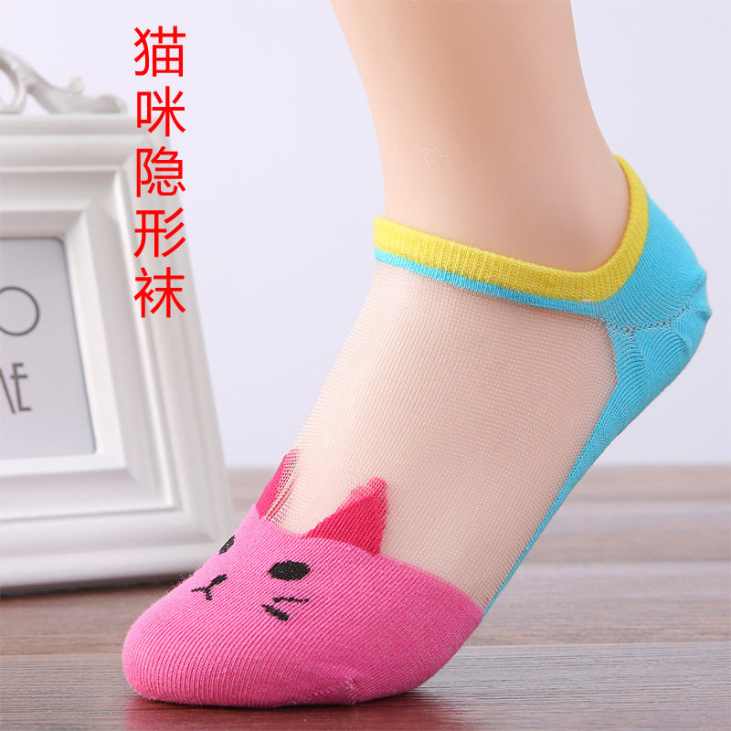 夏季女士棉袜可爱小猫咪玻璃丝