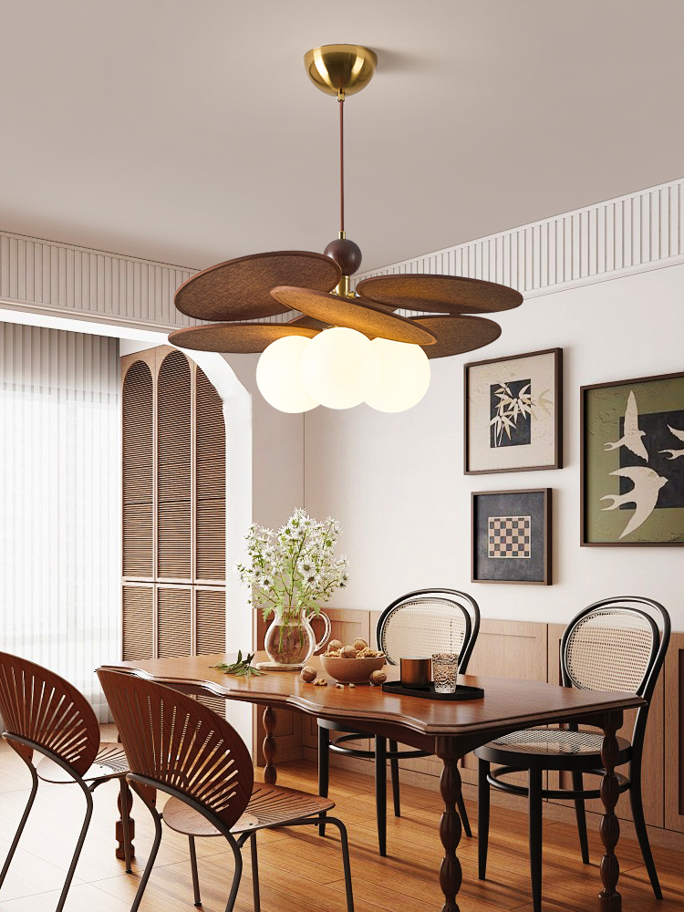 中古风藤编餐厅吊灯覆古高级感胡桃木色法式魔豆餐桌灯卧室房间灯