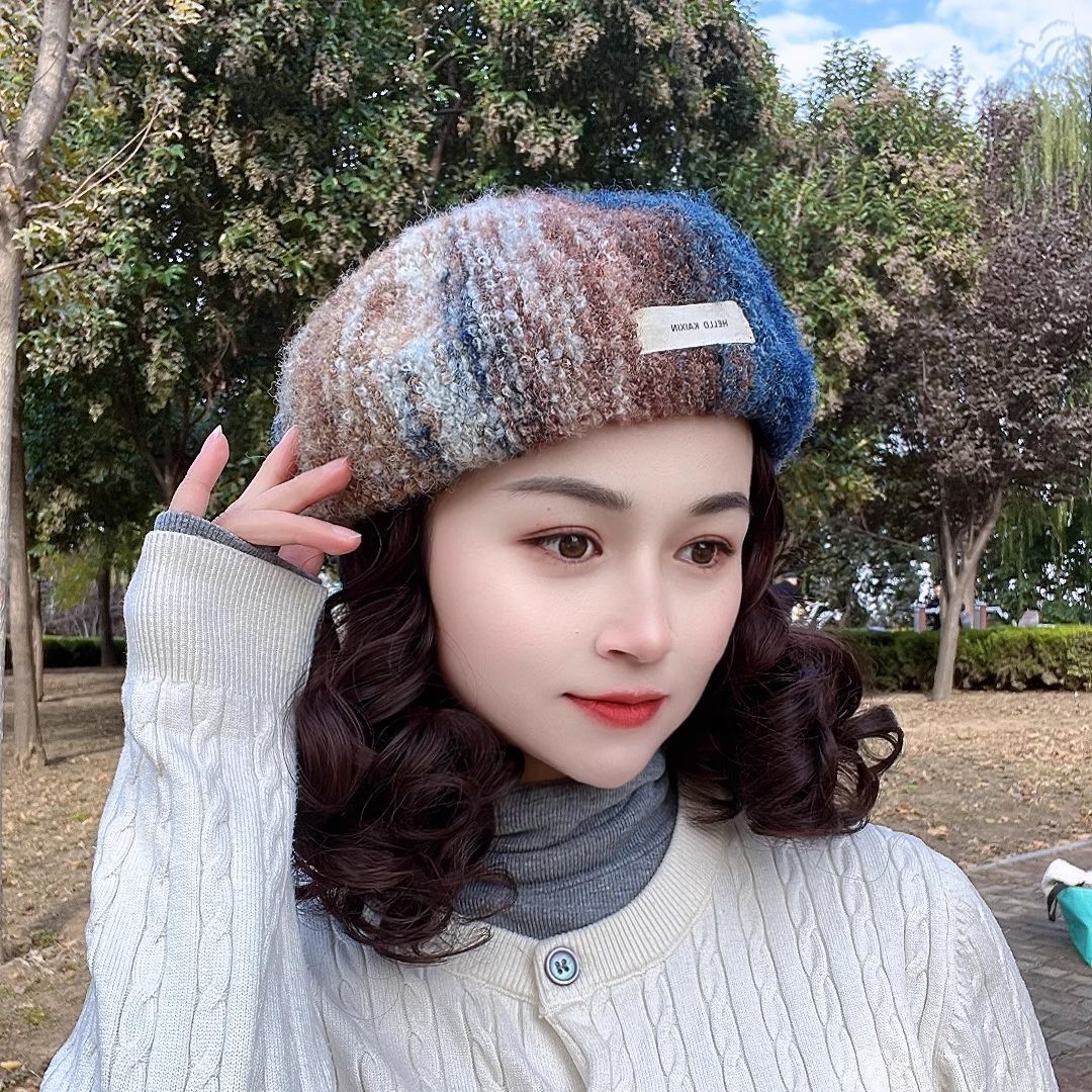 彩色油画感帽子假发贝雷帽短卷发一体时尚秋冬季百搭中老年妈妈帽