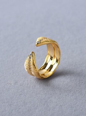 欧美轻奢复古金属拉丝芭蕉叶镶嵌锆石指环个性独特高级感气质戒指