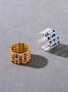 波西米亚彩色滴釉高级金属镂空指环欧美复古小众设计个性独特戒指