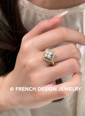 法式轻奢高级感布契风饰品S925纯银四叶花珍珠松石戒指气质优雅女