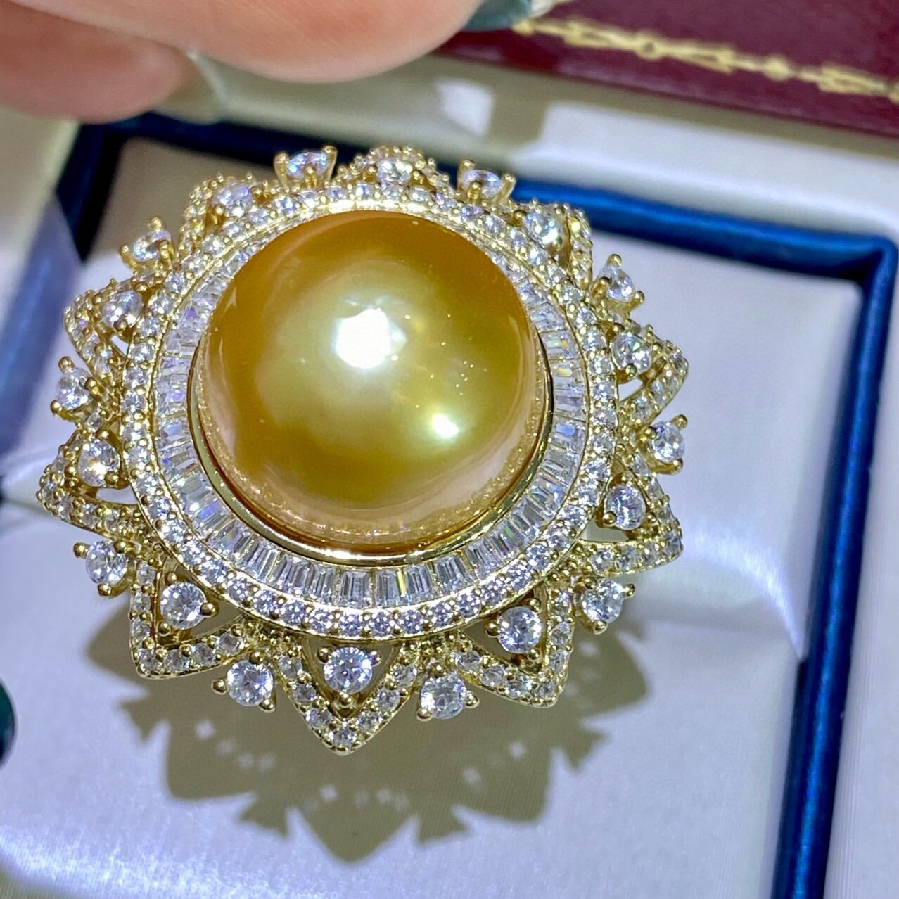 南洋海水金珍珠戒指 S925银菲律宾浓金珠手饰戒指活口正圆强光
