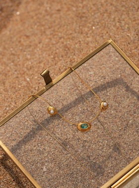 高级轻奢铜镀18k真金镶嵌绿宝石珍珠吊坠锁骨链个性时尚简约项链