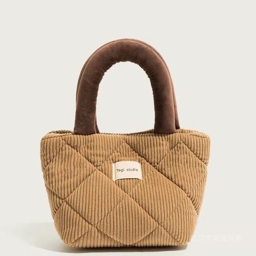 爆品韩版灯芯绒手提包单肩包2023新款撞色小方包秋冬撞色水桶包包