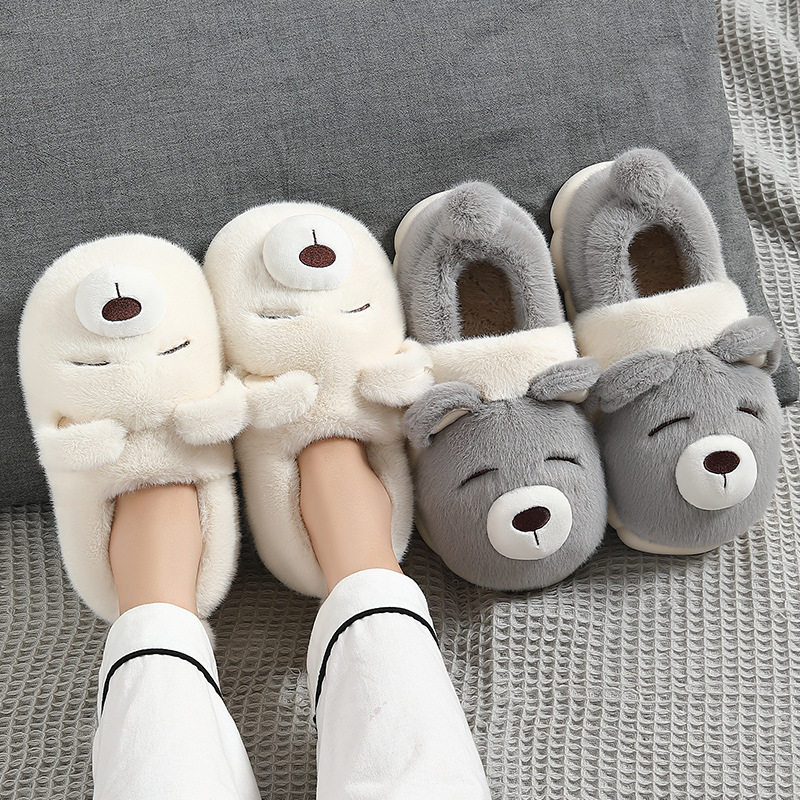 爆品小熊毛毛拖鞋女冬季可爱毛绒保暖防滑家居男士包跟棉拖鞋家用